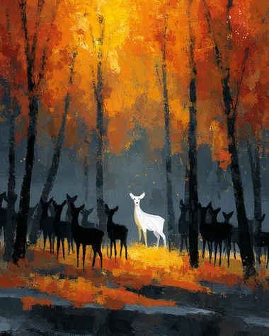Thousands of black silhouettes of deer standing among dense autumn trees, with a bright white deer at the heart of the scene. The ground is covered in fallen leaves, rich in orange and gold tones. Textured brush strokes, expressive, painterly style.