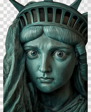 Closeup of Statue of Liberty surprise, funny, realistic photo, studio lighting, isolated