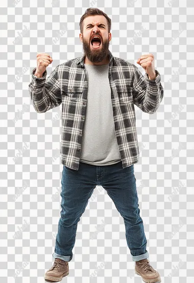 Full body an aggressive bearded man in casual clothes shouts at camera, shows his teeth and holds fingers in tight fists. Aggression and attacking. Negative reaction. Shouting man, isolated on white background.