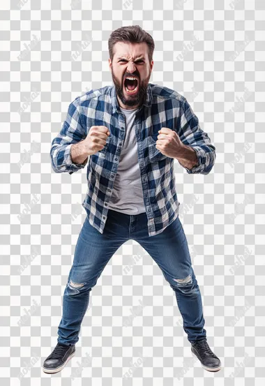 Full body an aggressive bearded man in casual clothes shouts at camera, shows his teeth and holds fingers in tight fists. Aggression and attacking. Negative reaction. Shouting man, isolated on white background.