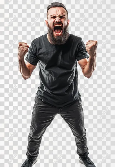 Full body an aggressive bearded man in casual clothes shouts at camera, shows his teeth and holds fingers in tight fists. Aggression and attacking. Negative reaction. Shouting man, isolated on white background.