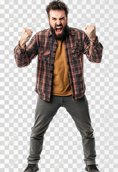 Full body an aggressive bearded man in casual clothes shouts at camera, shows his teeth and holds fingers in tight fists. Aggression and attacking. Negative reaction. Shouting man, isolated on white background.