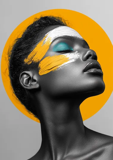Black-and-white photography of an elegant woman with mustard yellow and periwinkle paint brush strokes on her face, minimalist in style, with a light mustard circle behind her head.
