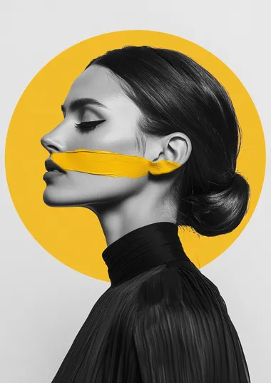 Black-and-white photography of an elegant woman with mustard yellow and periwinkle paint brush strokes on her face, minimalist in style, with a light mustard circle behind her head.
