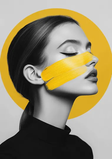 Black-and-white photography of an elegant woman with mustard yellow and periwinkle paint brush strokes on her face, minimalist in style, with a light mustard circle behind her head.