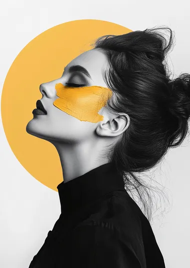 Black-and-white photography of an elegant woman with mustard yellow and periwinkle paint brush strokes on her face, minimalist in style, with a light mustard circle behind her head.