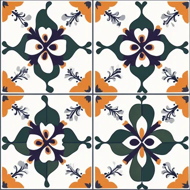 digital wedding invitation featuring white ceramic tiles. Portuguese style with other colors like forest green, orange, dark purple, white and blue.