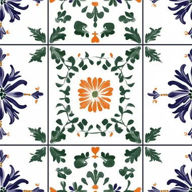 digital wedding invitation featuring white ceramic tiles. Portuguese style with other colors like forest green, orange, dark purple, white and blue.
