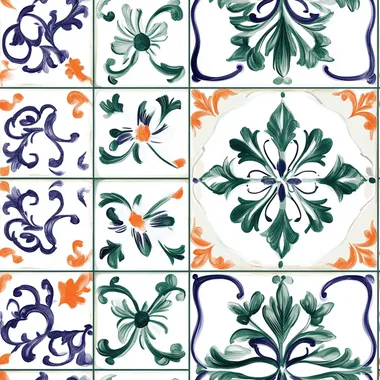 digital wedding invitation featuring white ceramic tiles. Portuguese style with other colors like forest green, orange, dark purple, white and blue.