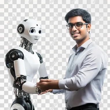 Mid-shot of Indian man handshake with a robot, photorealistic, confident face, studio lighting, isolated on white background
