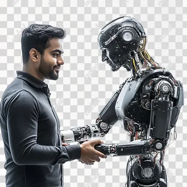 Mid-shot of Indian man handshake with a robot, photorealistic, confident face, studio lighting, isolated on white background
