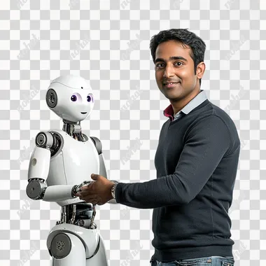 Mid-shot of Indian man handshake with a robot, photorealistic, confident face, studio lighting, isolated on white background