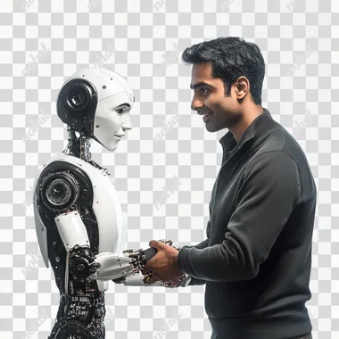 Mid-shot of Indian man handshake with a robot, photorealistic, confident face, studio lighting, isolated on white background