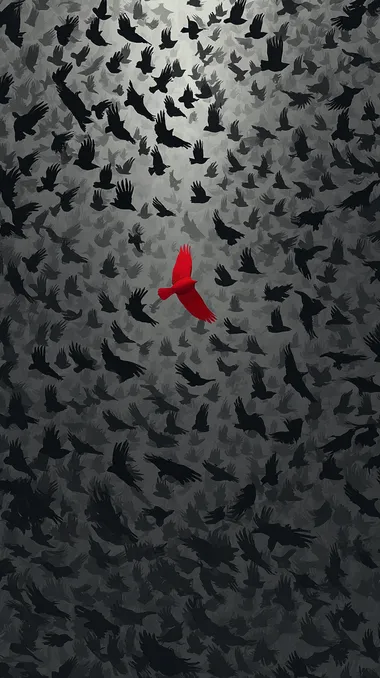 A huge flock of black birds in mid-flight, filling the sky like a storm, with one vivid red bird at the center. Overhead perspective, feathers detailed with rich texture and movement, dramatic composition. High-contrast art print, minimalist color palette.