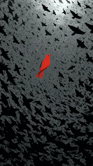 A huge flock of black birds in mid-flight, filling the sky like a storm, with one vivid red bird at the center. Overhead perspective, feathers detailed with rich texture and movement, dramatic composition. High-contrast art print, minimalist color palette.