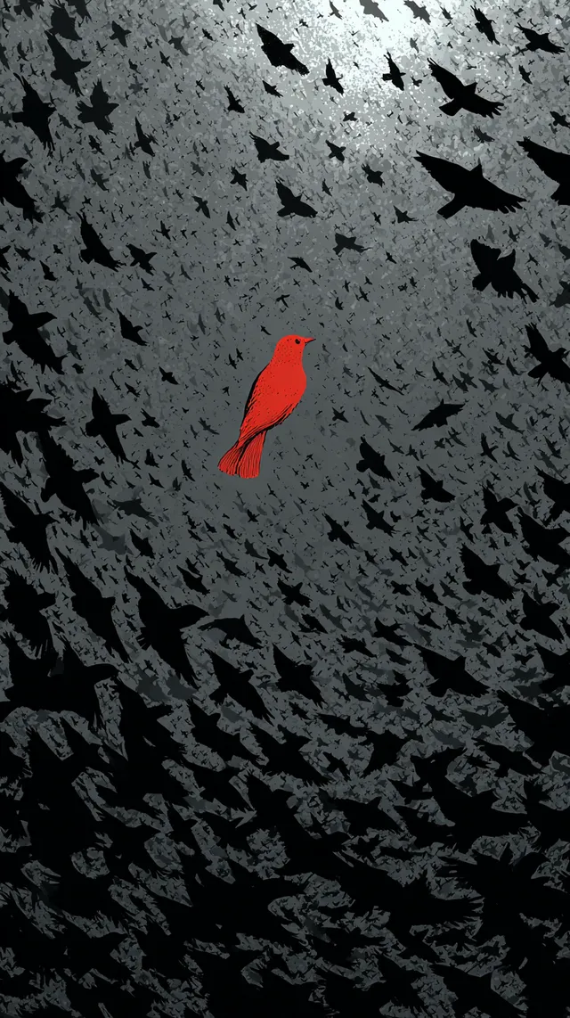 Flock of Black Birds with a Vibrant Red Centerpiece
