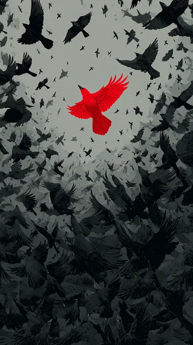 A huge flock of black birds in mid-flight, filling the sky like a storm, with one vivid red bird at the center. Overhead perspective, feathers detailed with rich texture and movement, dramatic composition. High-contrast art print, minimalist color palette.