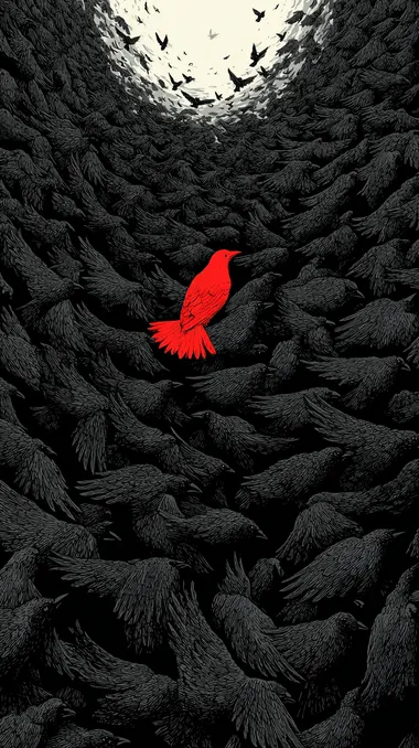 A huge flock of black birds in mid-flight, filling the sky like a storm, with one vivid red bird at the center. Overhead perspective, feathers detailed with rich texture and movement, dramatic composition. High-contrast art print, minimalist color palette.