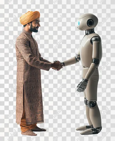 Indian man handshake with a robot, realistic photo, isolated