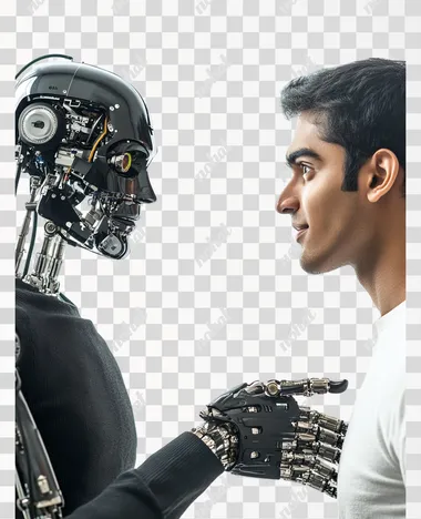 Indian man handshake with a robot, realistic photo, isolated