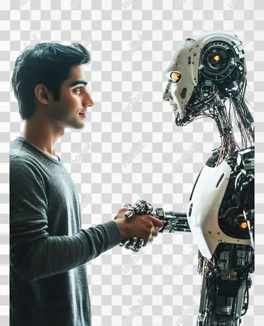 Indian man handshake with a robot, realistic photo, isolated