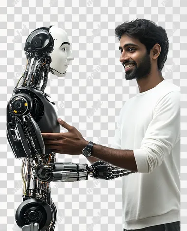 Indian man handshake with a robot, realistic photo, isolated