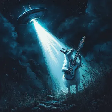 Create a realistic illustration of a goat playing an electric guitar while being abducted by a UFO. The scene should feature a dark night sky and a bright beam of light coming from the UFO, illuminating the goat. The color scheme should include deep blues, blacks, and bright whites for the light, with a contrast of earthy tones for the grass below.