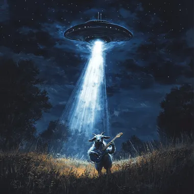 Create a realistic illustration of a goat playing an electric guitar while being abducted by a UFO. The scene should feature a dark night sky and a bright beam of light coming from the UFO, illuminating the goat. The color scheme should include deep blues, blacks, and bright whites for the light, with a contrast of earthy tones for the grass below.