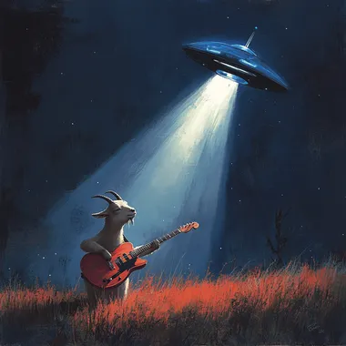 Create a realistic illustration of a goat playing an electric guitar while being abducted by a UFO. The scene should feature a dark night sky and a bright beam of light coming from the UFO, illuminating the goat. The color scheme should include deep blues, blacks, and bright whites for the light, with a contrast of earthy tones for the grass below.