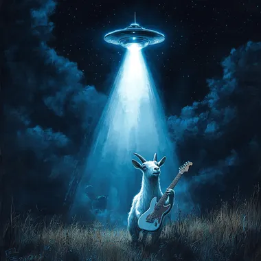 Create a realistic illustration of a goat playing an electric guitar while being abducted by a UFO. The scene should feature a dark night sky and a bright beam of light coming from the UFO, illuminating the goat. The color scheme should include deep blues, blacks, and bright whites for the light, with a contrast of earthy tones for the grass below.