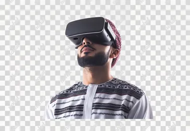 Integration and interaction with the imaginary world, use of advanced techniques and technology, portrait of a young Arab Gulf Omani man wearing a dishdasha and an Omani kummah, wearing VR glasses on his eyes, watching virtual reality movies, spending leisure time in a fun way, isolated white background