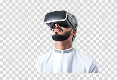Integration and interaction with the imaginary world, use of advanced techniques and technology, portrait of a young Arab Gulf Omani man wearing a dishdasha and an Omani kummah, wearing VR glasses on his eyes, watching virtual reality movies, spending leisure time in a fun way, isolated white background