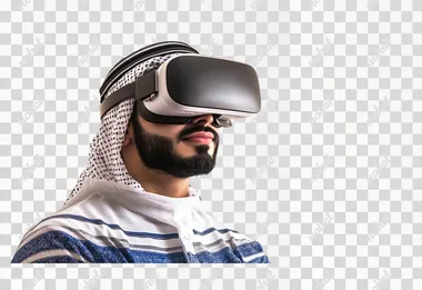 Integration and interaction with the imaginary world, use of advanced techniques and technology, portrait of a young Arab Gulf Omani man wearing a dishdasha and an Omani kummah, wearing VR glasses on his eyes, watching virtual reality movies, spending leisure time in a fun way, isolated white background