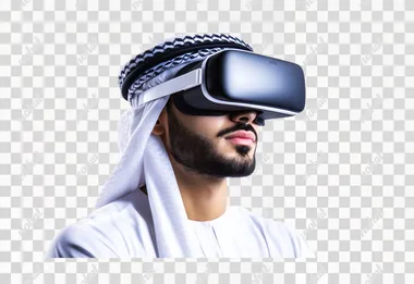 Integration and interaction with the imaginary world, use of advanced techniques and technology, portrait of a young Arab Gulf Omani man wearing a dishdasha and an Omani kummah, wearing VR glasses on his eyes, watching virtual reality movies, spending leisure time in a fun way, isolated white background