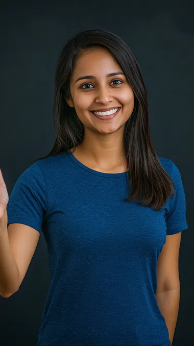 studio photo of a smiling Indian woman in her 35s wearing a blue t-shirt, she is an database administrator, with his left arm outstretched and palm pointing upwards, medium shot, dark grey background, hyper-realistic, photo-realistic, ultra-detailed, candid shot, realistic skin, natural features, Hasselblad X1D
