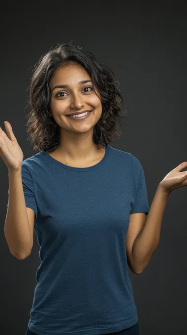 studio photo of a smiling Indian woman in her 35s wearing a blue t-shirt, she is an database administrator, with his left arm outstretched and palm pointing upwards, medium shot, dark grey background, hyper-realistic, photo-realistic, ultra-detailed, candid shot, realistic skin, natural features, Hasselblad X1D