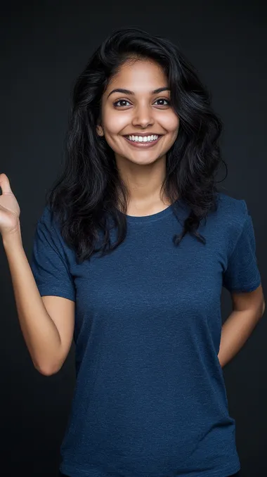 studio photo of a smiling Indian woman in her 35s wearing a blue t-shirt, she is an database administrator, with his left arm outstretched and palm pointing upwards, medium shot, dark grey background, hyper-realistic, photo-realistic, ultra-detailed, candid shot, realistic skin, natural features, Hasselblad X1D