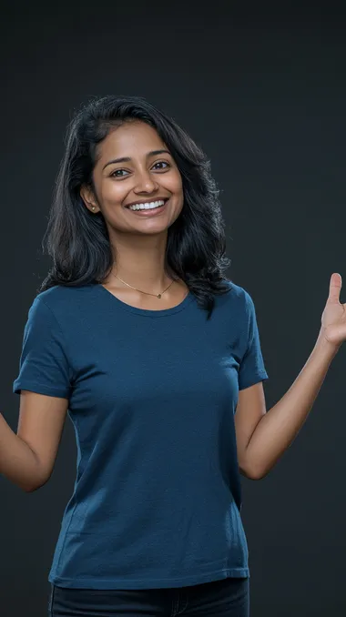 studio photo of a smiling Indian woman in her 35s wearing a blue t-shirt, she is an database administrator, with his left arm outstretched and palm pointing upwards, medium shot, dark grey background, hyper-realistic, photo-realistic, ultra-detailed, candid shot, realistic skin, natural features, Hasselblad X1D