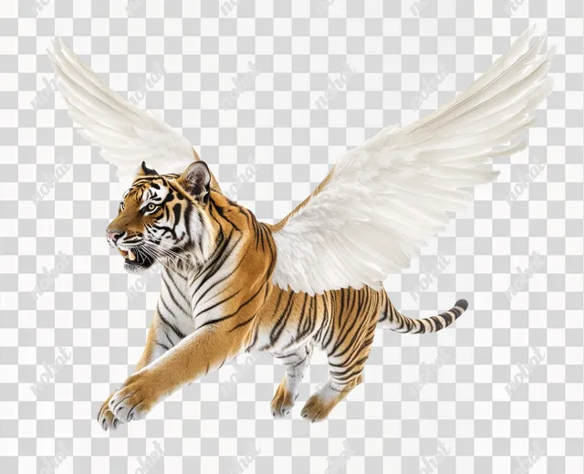 a tiger with wings flying in the air