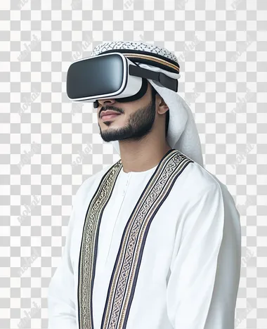 A young Arab Gulf Omani man wearing a dishdasha and an Omani, wearing VR glasses on his eyes, isolated on white background