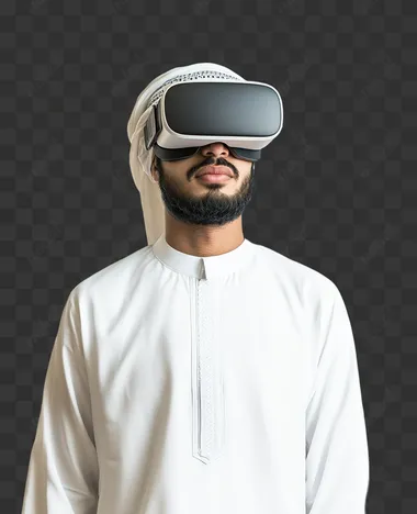 A young Arab Gulf Omani man wearing a dishdasha and an Omani, wearing VR glasses on his eyes, isolated on white background