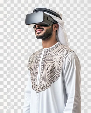 A young Arab Gulf Omani man wearing a dishdasha and an Omani, wearing VR glasses on his eyes, isolated on white background