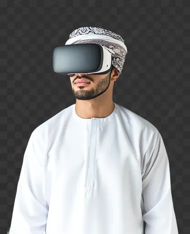 A young Arab Gulf Omani man wearing a dishdasha and an Omani, wearing VR glasses on his eyes, isolated on white background