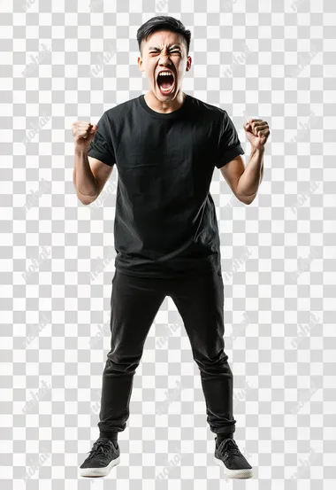 Full body shot an aggressive Vietnamese man in casual clothes shouts at camera, shows his teeth and holds fingers in tight fists. Aggression and attacking. Negative reaction. Shouting man, isolated on white background.