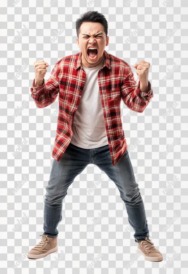 Full body shot an aggressive Vietnamese man in casual clothes shouts at camera, shows his teeth and holds fingers in tight fists. Aggression and attacking. Negative reaction. Shouting man, isolated on white background.