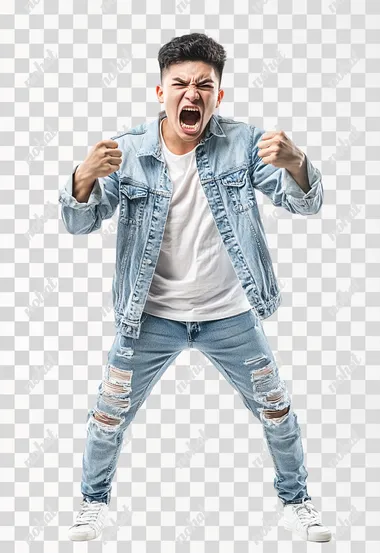 Full body shot an aggressive Vietnamese man in casual clothes shouts at camera, shows his teeth and holds fingers in tight fists. Aggression and attacking. Negative reaction. Shouting man, isolated on white background.