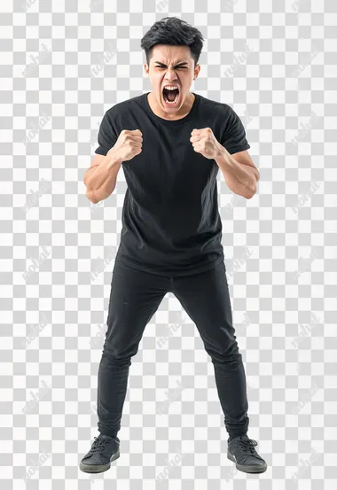 Full body shot an aggressive Vietnamese man in casual clothes shouts at camera, shows his teeth and holds fingers in tight fists. Aggression and attacking. Negative reaction. Shouting man, isolated on white background.