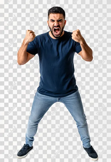 Full body shot an aggressive Egyptian man in casual clothes shouts at camera, shows his teeth and holds fingers in tight fists. Aggression and attacking. Negative reaction. Shouting man, isolated on white background.