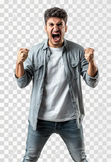 Full body shot an aggressive Egyptian man in casual clothes shouts at camera, shows his teeth and holds fingers in tight fists. Aggression and attacking. Negative reaction. Shouting man, isolated on white background.
