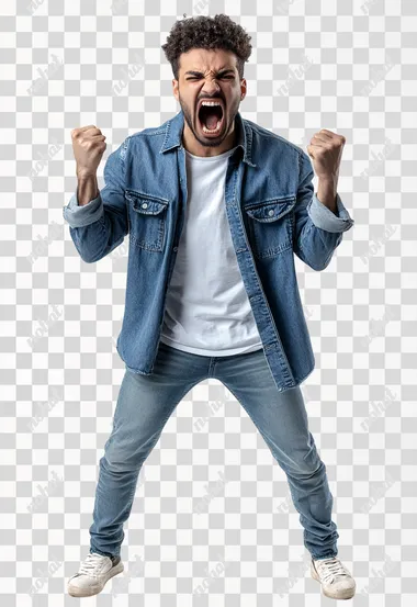 Full body shot an aggressive Egyptian man in casual clothes shouts at camera, shows his teeth and holds fingers in tight fists. Aggression and attacking. Negative reaction. Shouting man, isolated on white background.